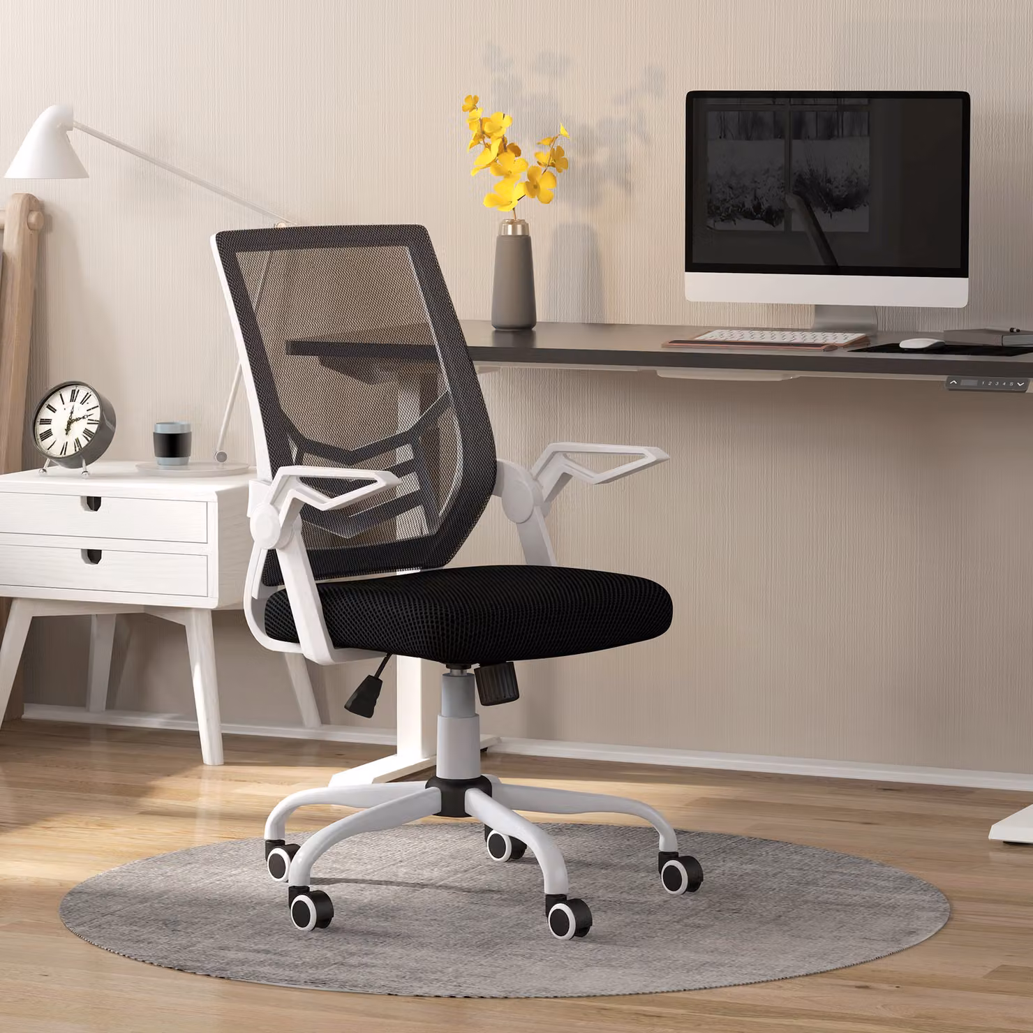 Vinsetto Ergonomic Black Fabric Desk Chair with Flip-Up Armrests, Swivel Wheels and Adjustable Lumbar Support for Home Office and Study – 2