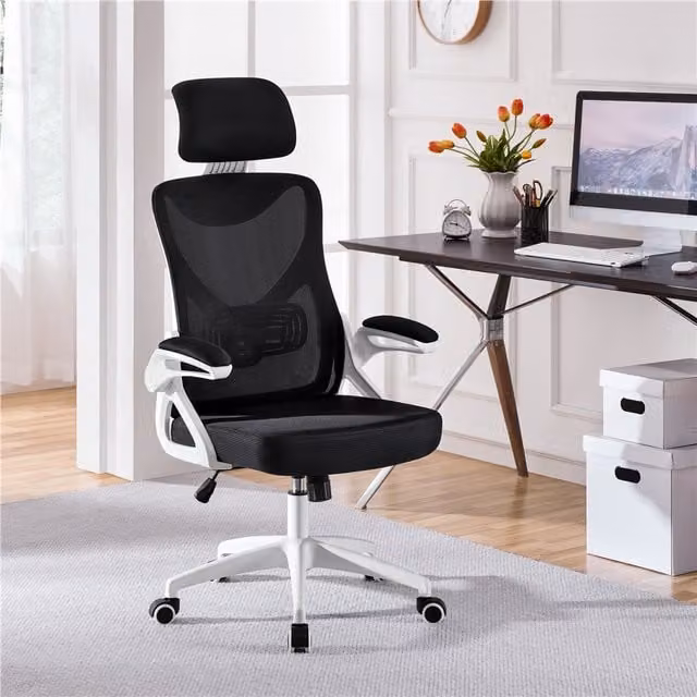 Yaheetech Ergonomic High Back Office Chair with Headrest and Armrests in White and Black Fabric