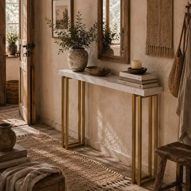 Wyld Haus Mahota Slim Faux Marble Console Table in White and Gold, W: 100 cm, H: 74.5 cm – 1