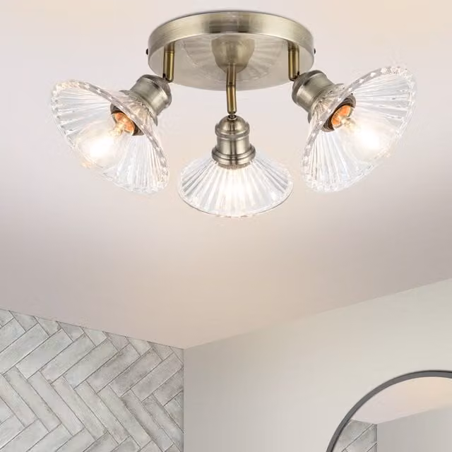 COSYLYTE Milan 3 Light Round Glass Bathroom Ceiling Spotlight in Brass