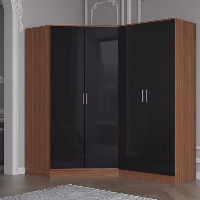 REFLECT Black Gloss and Matt Walnut Wardrobe Bundle featuring a Corner Unit and 2-Door Plain Wardrobe with Soft-Close Hinged Doors