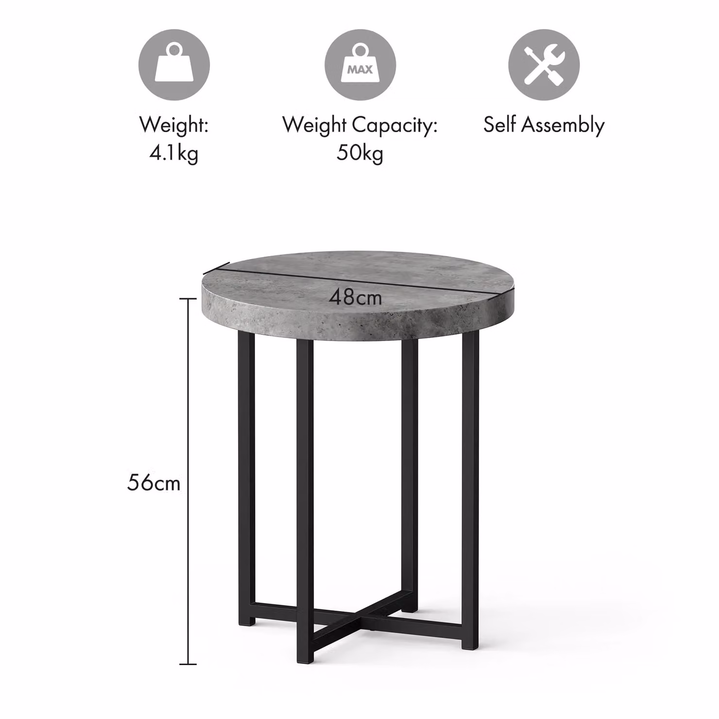 VonHaus Grey and Black Round Industrial Side Table with X-Frame Metal Base, W/D/H: 48 x 48 x 56 cm – 5