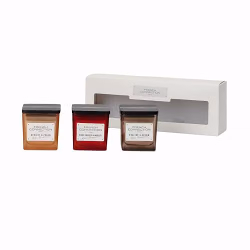 French Connection Scented Candle Giftset, 3 x 55g Multicolour Votive Candles in Apricot & Peach, Praline & Cream, and Cherry & Merlot Scents