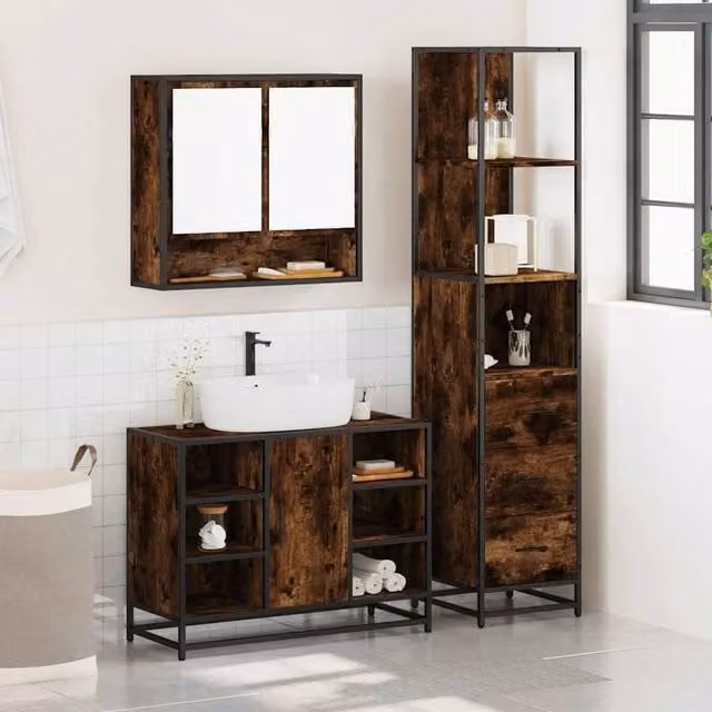 Berkfield Home 3-Piece Industrial Bathroom Furniture Set in Smoked Oak Brown, including Mirror Cabinet, Vanity Unit and Tall Cabinet – 1