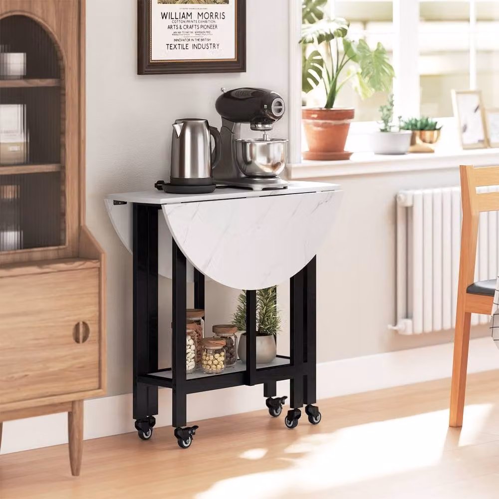 STILVORA Folding Dining Table with Shelf and Lockable Wheels in White – 6