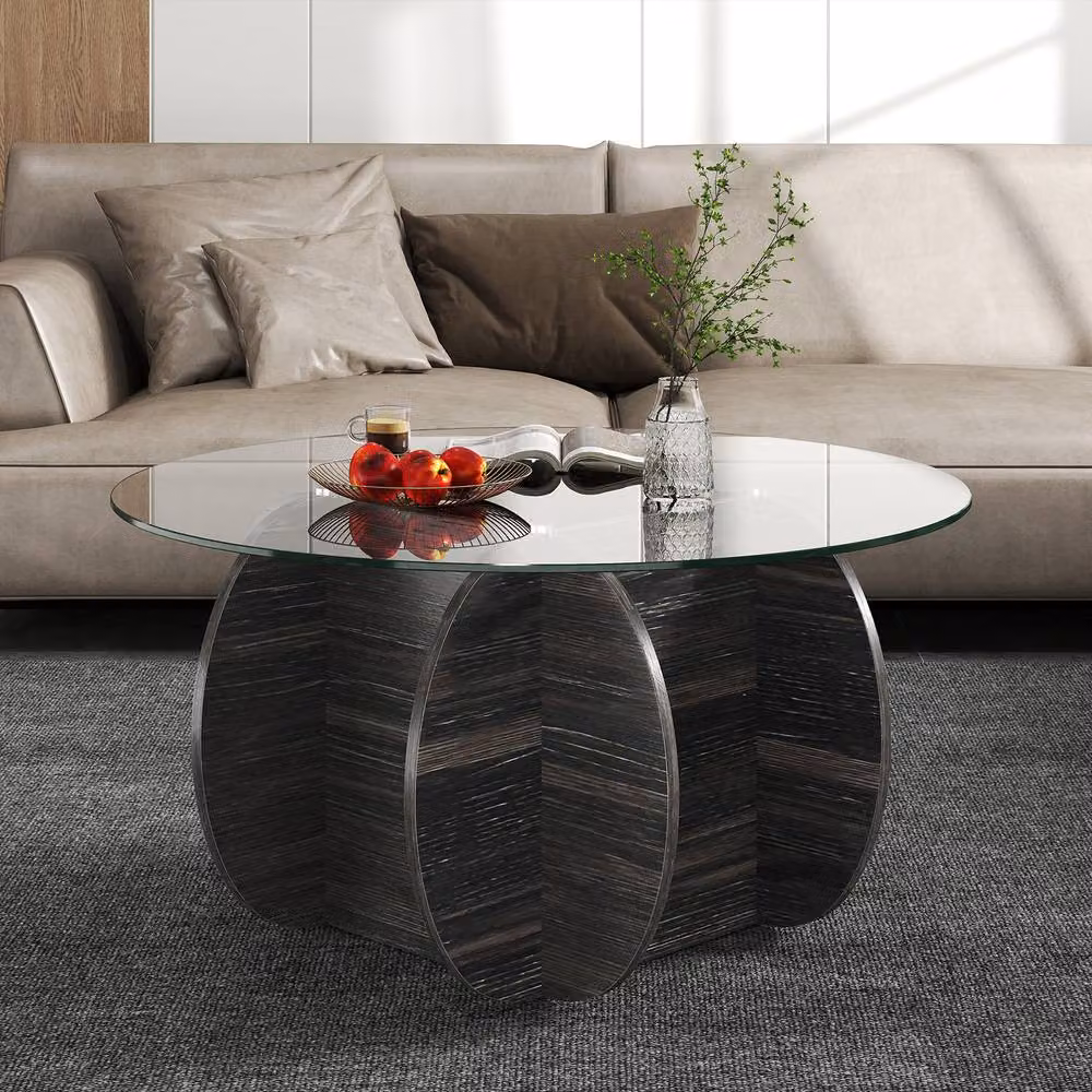 Gymax Round Coffee Table with Glass Top and Storage in Black, Diameter: 89 cm – 7