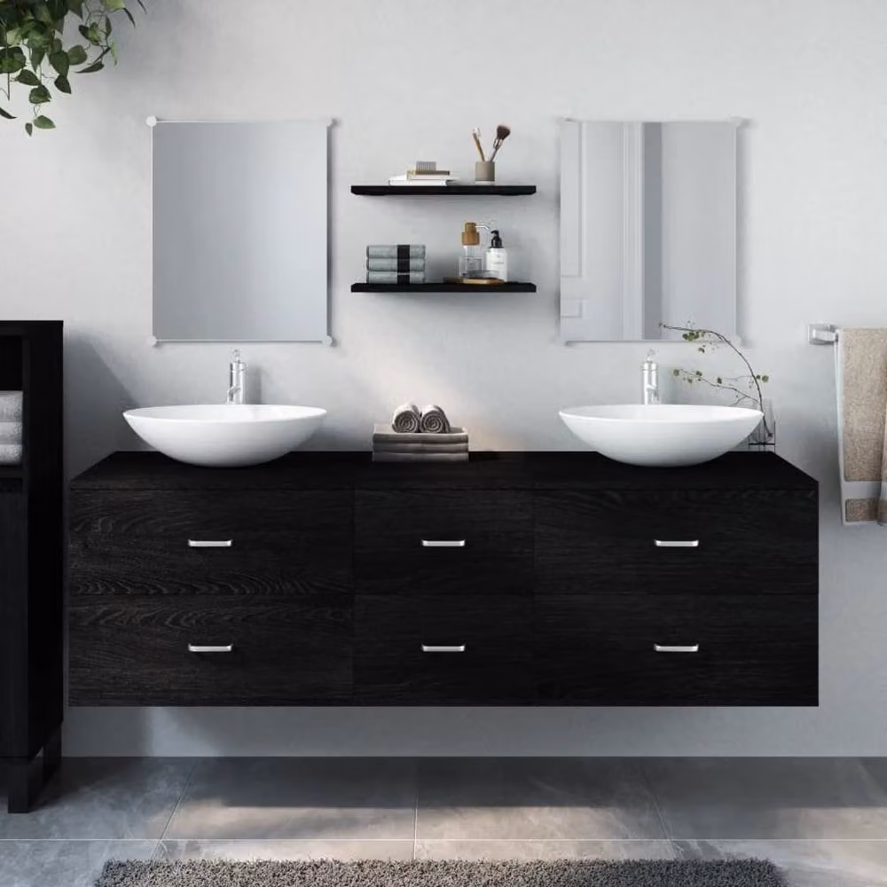 Berkfield Home Modern 5 Piece Black Matt Bathroom Furniture Set with Vanity Unit, Wall Cabinet and Mirror Cabinet – 2