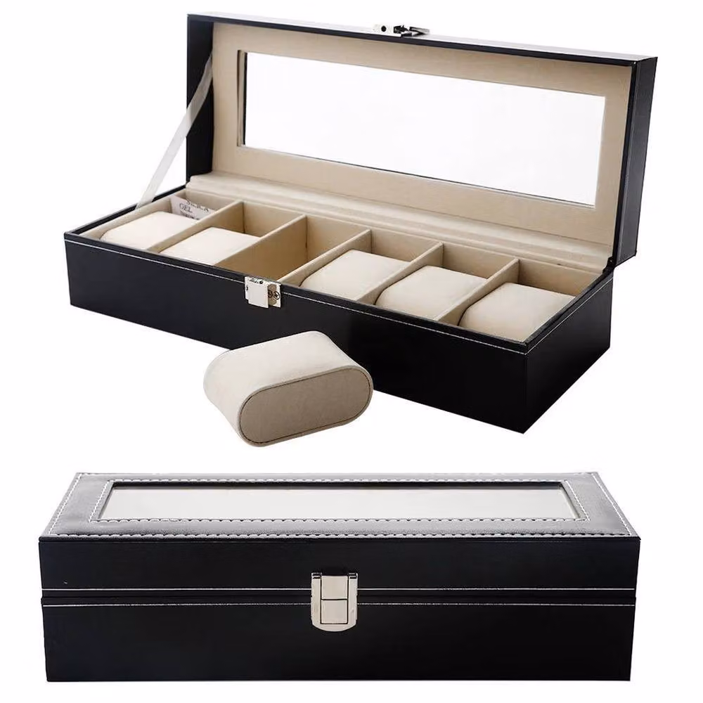 FORGEVIO Black Faux Leather 6 Grid Watch and Jewellery Storage Box, W: 50 cm – 3