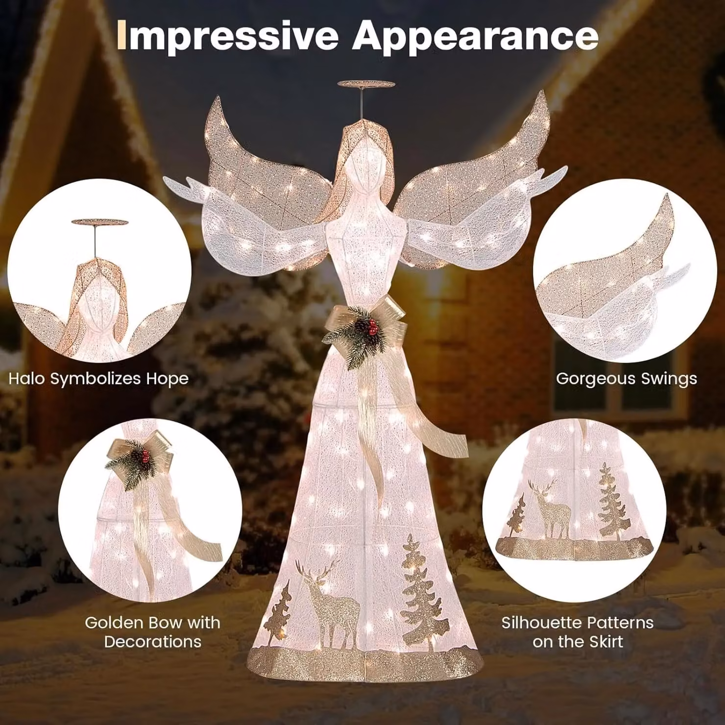 Costway 5FT Pre-lit 3D Glittered Christmas Angel with 100 Warm White Lights – 3