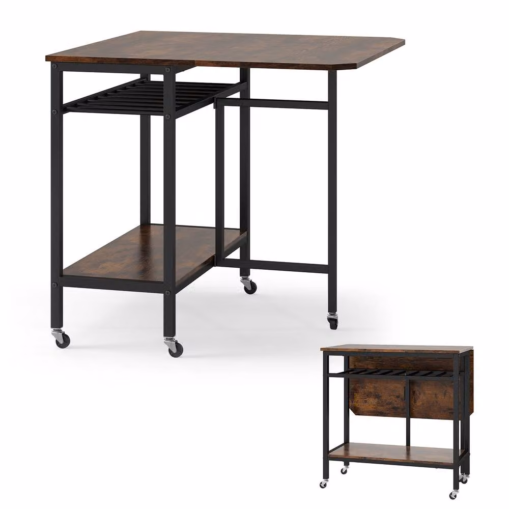 Gymax Expandable Industrial Dining Table with Wine Rack and Castors in Brown – 4