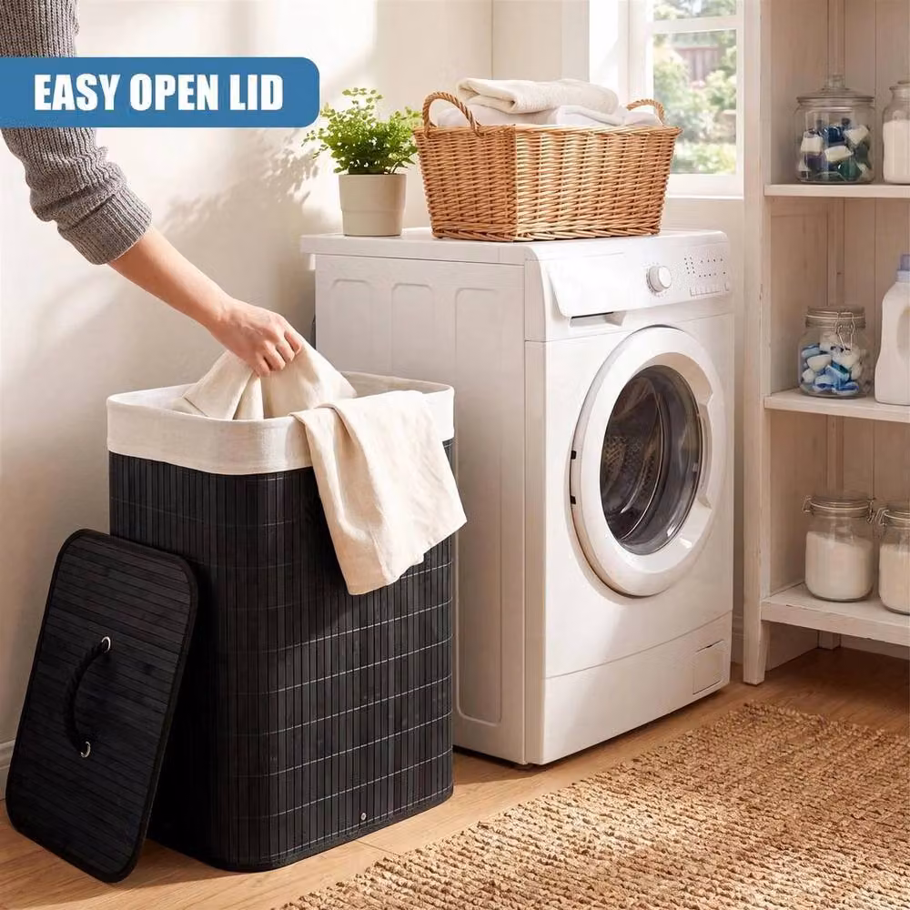 KORVIXA Bamboo Laundry Basket with Lid and Removable Bag in Black and Grey, W/D/H: 100 x 100 x 72 cm – 4