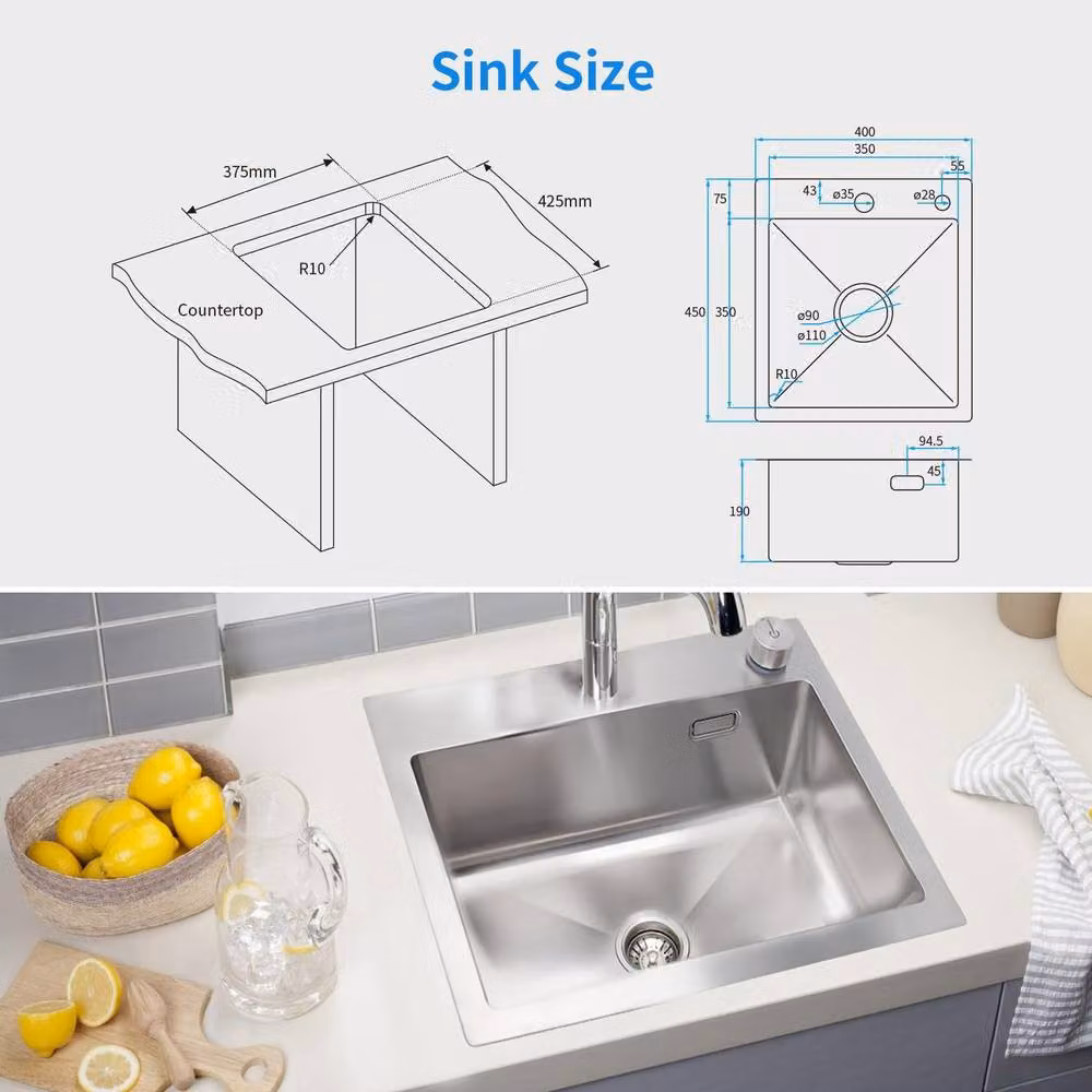 Resmo Compact Single Bowl Stainless Steel Topmount Sink in Silver W: 40 cm, D: 45 cm – 3