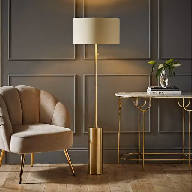 ValueLights Lexy Dimmable Floor Lamp with Beige Fabric Drum Shade and Bulb in Gold/Brass