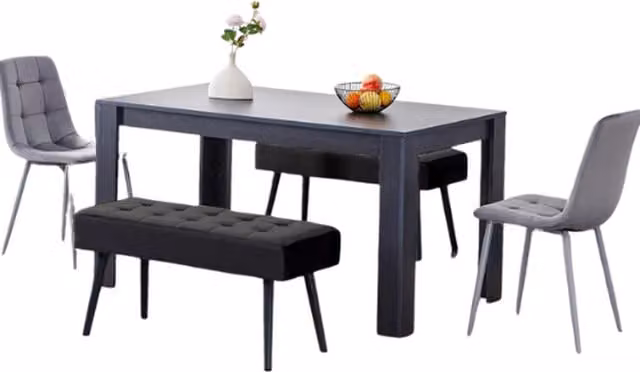Kosy Koala Modern Dining Set with Rectangular Table, Two Benches and Two Grey Velvet Chairs