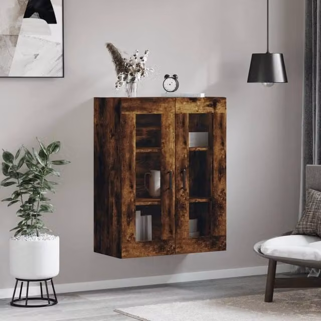 Berkfield Home Wall Mounted Smoked Oak Cabinet with Glass Doors in Brown, W/D/H: 69.5 x 34 x 90 cm – 1