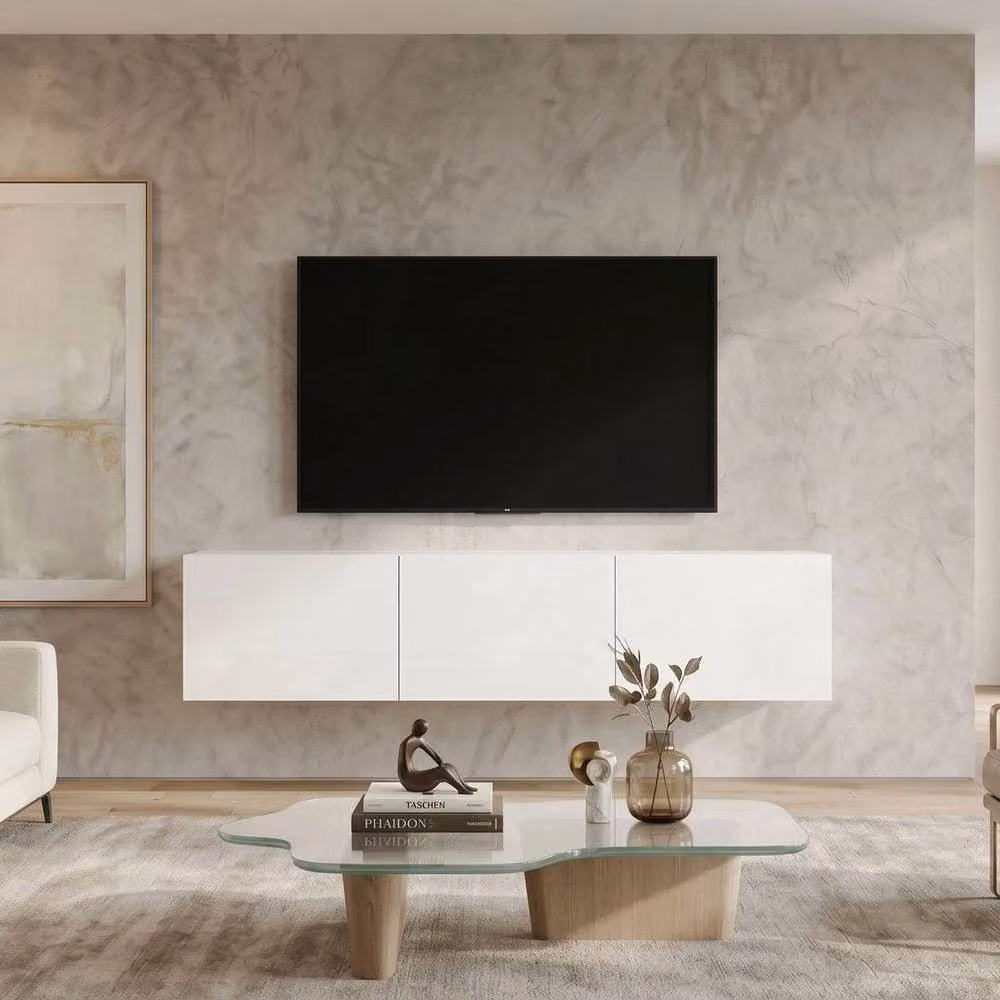 PAWNORA White Glossy Wall Mounted Floating TV Unit with 3 Cabinets, Width: 180 cm – 3