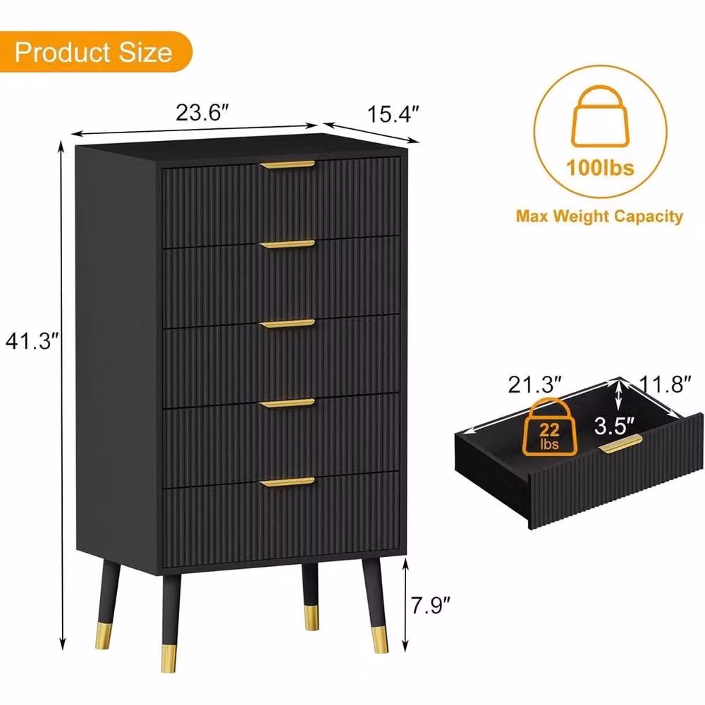 VOGREX 5-Drawer Tall Dresser in Black with Gold Metal Handles – 2