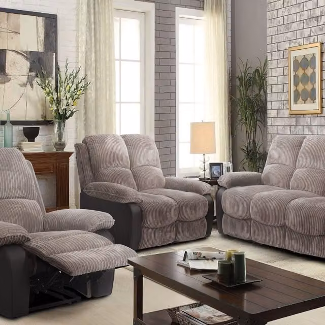 Comfy Living 3 2 1 Fabric Recliner Sofa Set in Grey Jumbo Cord with Scatter Cushions