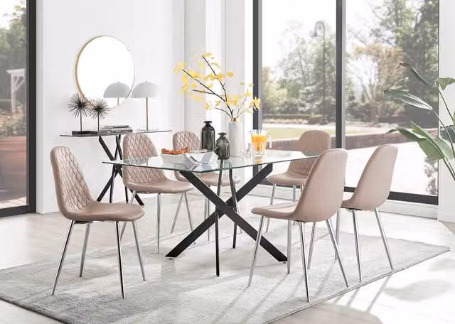 FurnitureboxUK Leonardo Glass Dining Table with 6 Corona Silver Chairs, Cappuccino, W: 150 cm, D: 90 cm, H: 75 cm