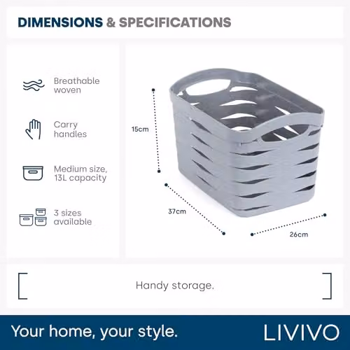 LIVIVO Small Grey Open Weave Plastic Storage Basket with Handles, 7L – 3