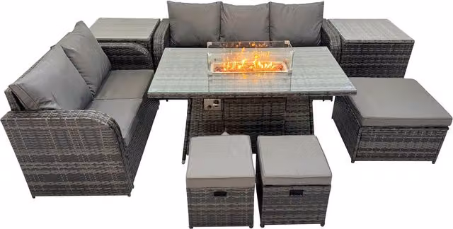 Fimous Outdoor Rattan Furniture Set with Gas Fire Pit Table, Love Seat, 3-Seater and Footstools in Dark Grey Mixed