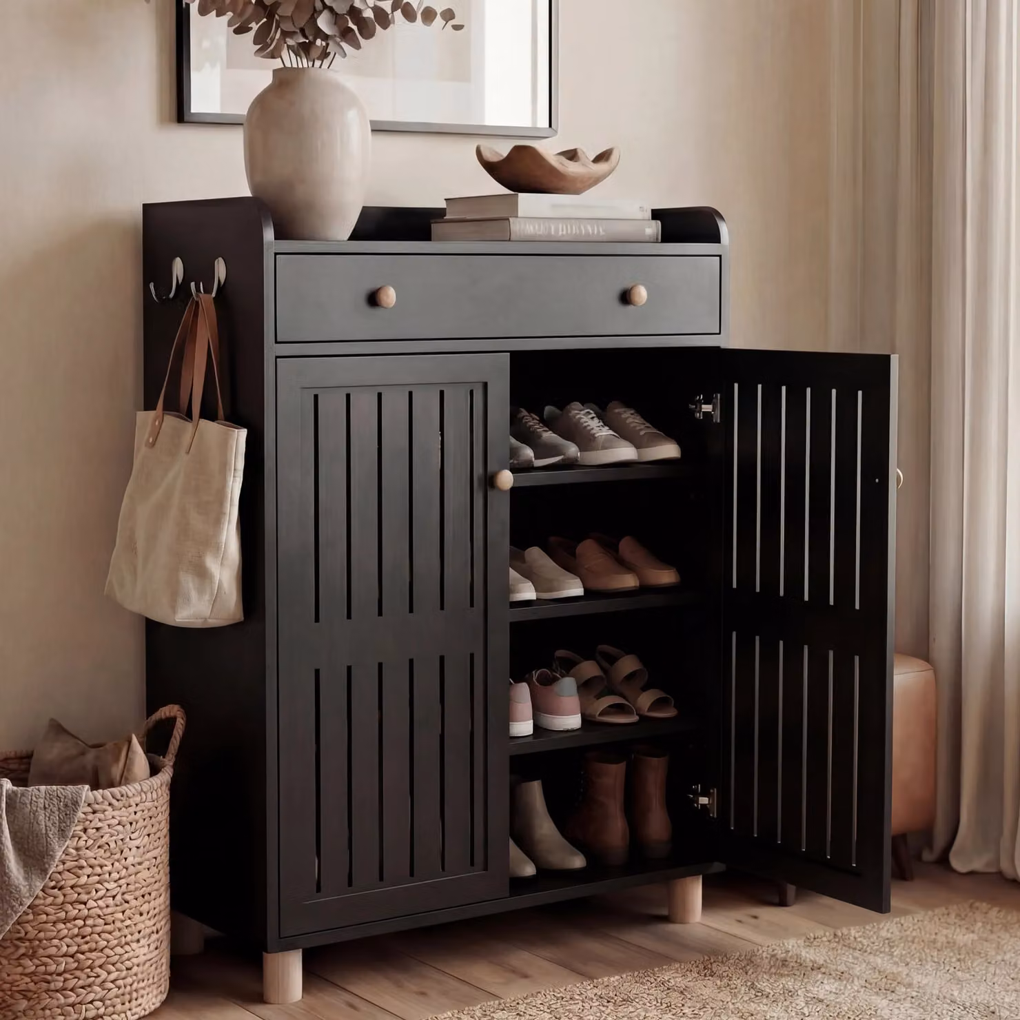 Modern Black 4-Tier Shoe Storage Cabinet with Roll Shutter Doors and Internal Shelves, W/D/H: 75 x 36 x 97 cm