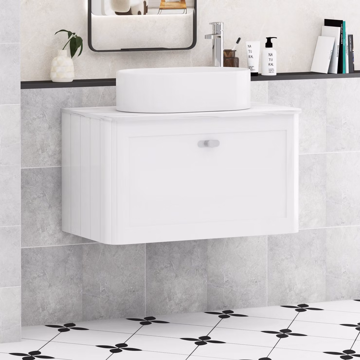 Royal Bathrooms Henley Gloss White Wall Hung Vanity Unit with Peak Basin and Chrome Knob