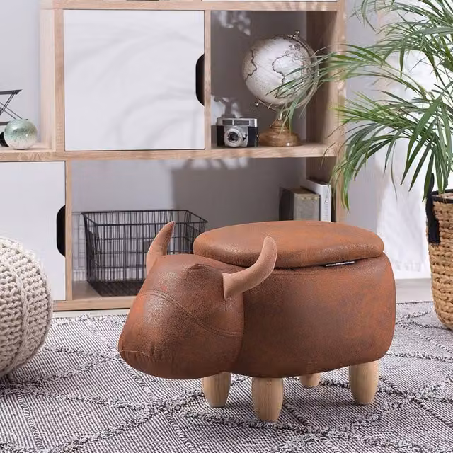 Wyld and Coco Cow Stool with Storage in Brown Faux Leather and Rubberwood Legs – 1