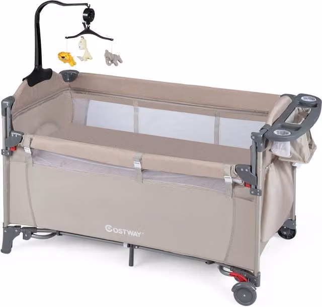 Costway Baby Bassinet Bedside Sleeper in Brown and Beige