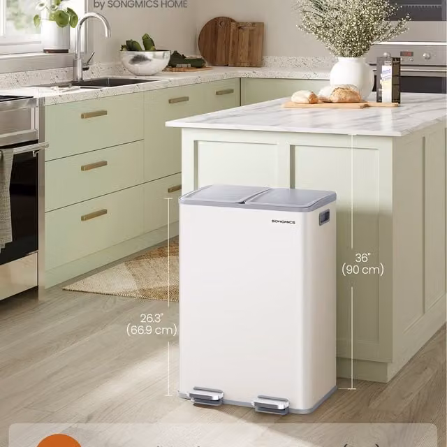 SONGMICS Dual-Compartment Pedal Kitchen Bin, 2 x 8 Gallon, White
