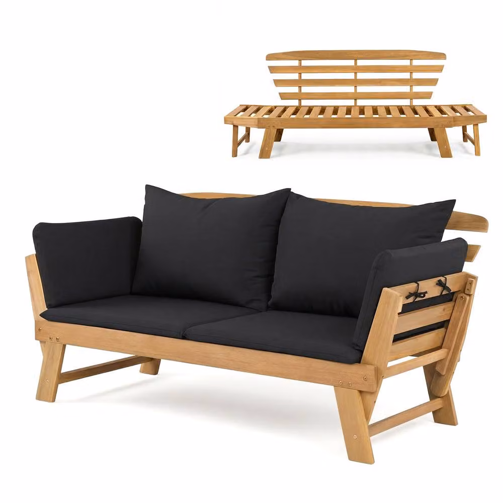 Costway Convertible Outdoor Daybed and Patio Sofa Bed with Adjustable Armrests in Black Acacia Wood – 4
