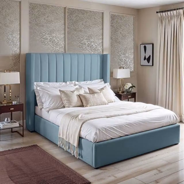 UK Bed Furniture Barcelona Gas Lift Storage Upholstered Bed in Light Blue, King Size