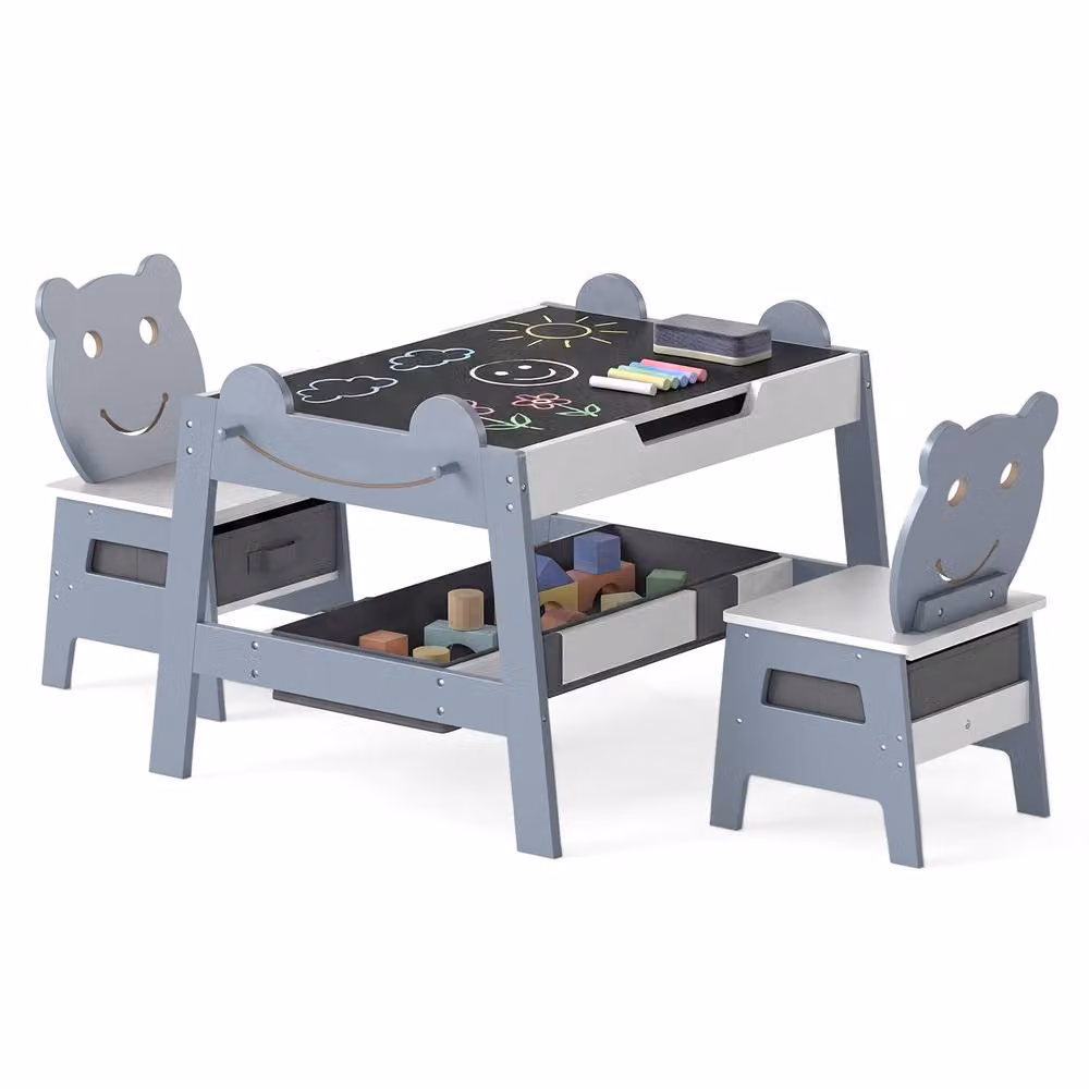 Costway Versatile Kids Wooden Activity Table and 2 Chairs Set in Grey – 6