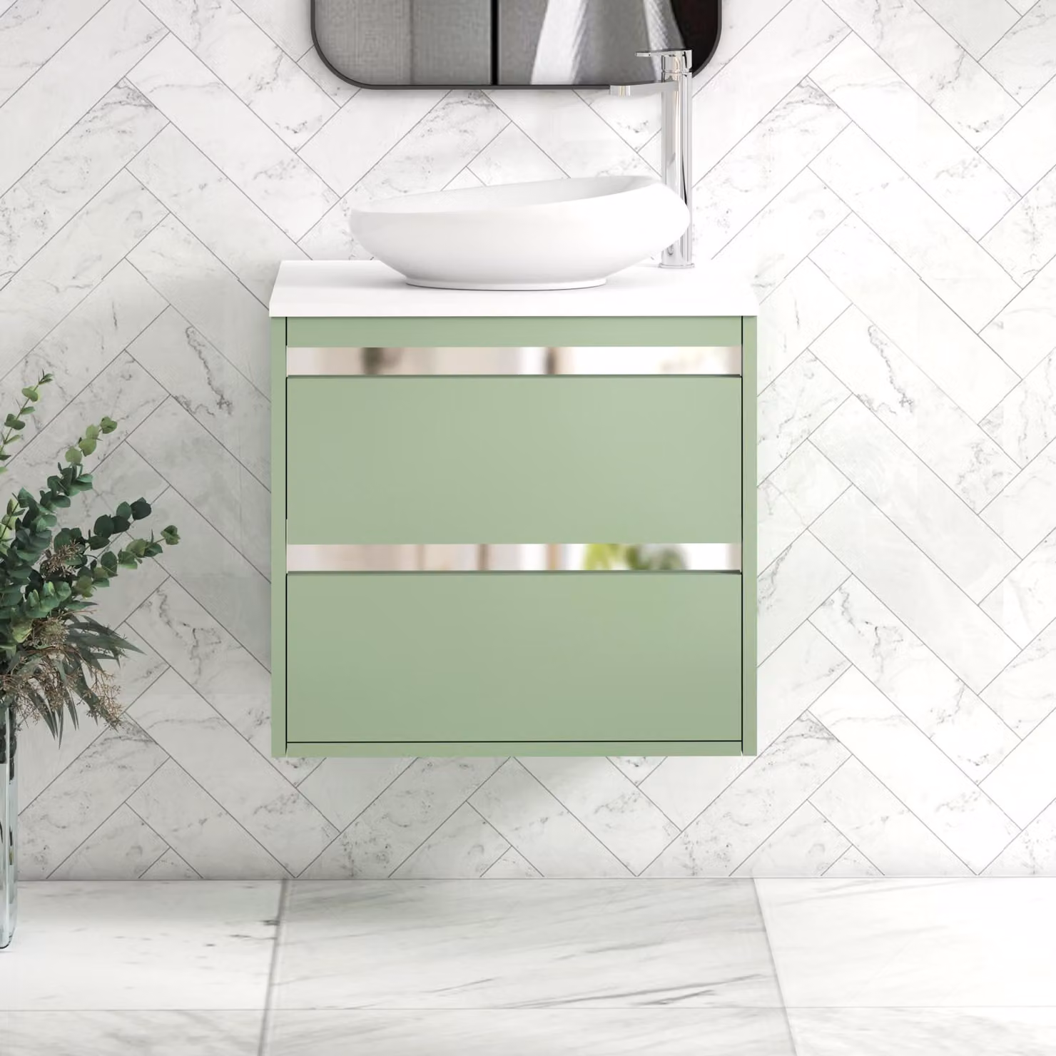 Royal Bathrooms Orion 600mm Wall Hung Vanity Unit with Nova Basin and 2 Drawers in Mint Sage and White with Chrome Accent Trim