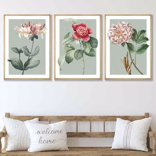 ARTZE Set of 3 Vintage Floral Botanical Wall Art Posters in Sage Green, W: 29.7 cm, H: 42 cm