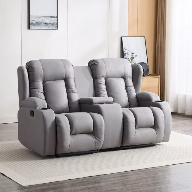 More4Homes Caesar 2 Seater Grey Fabric Manual Recliner Sofa with Drinks Console W: 178 cm, D: 105 cm, H: 98 cm