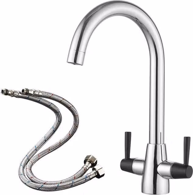 Heable Sleek Kitchen Mixer Tap with Dual Lever and Swivel Spout in Black and Silver Chrome Finish