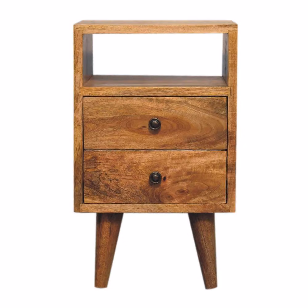 Wyld Haus Parma Mini Oak and Mango Wood Bedside Table with 2 Drawers and Open Shelf in Brown – 2