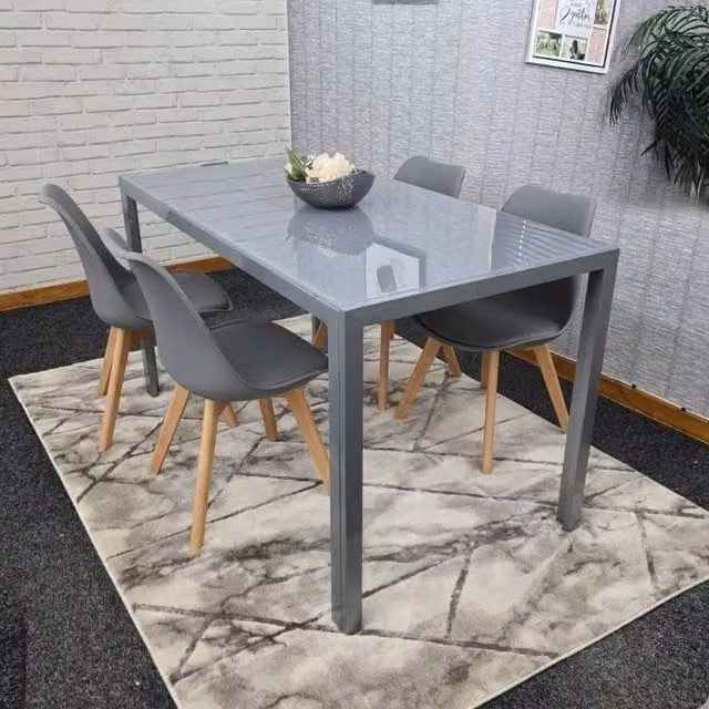 KOSY KOALA Modern Grey Glass Rectangular Dining Table Set with 4 Grey Chairs, W/D/H: 120 x 70 x 75 cm
