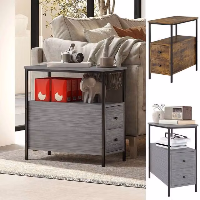 FORGEVIO Slim Industrial Side Table with 2 Drawers and Storage Shelf in Grey