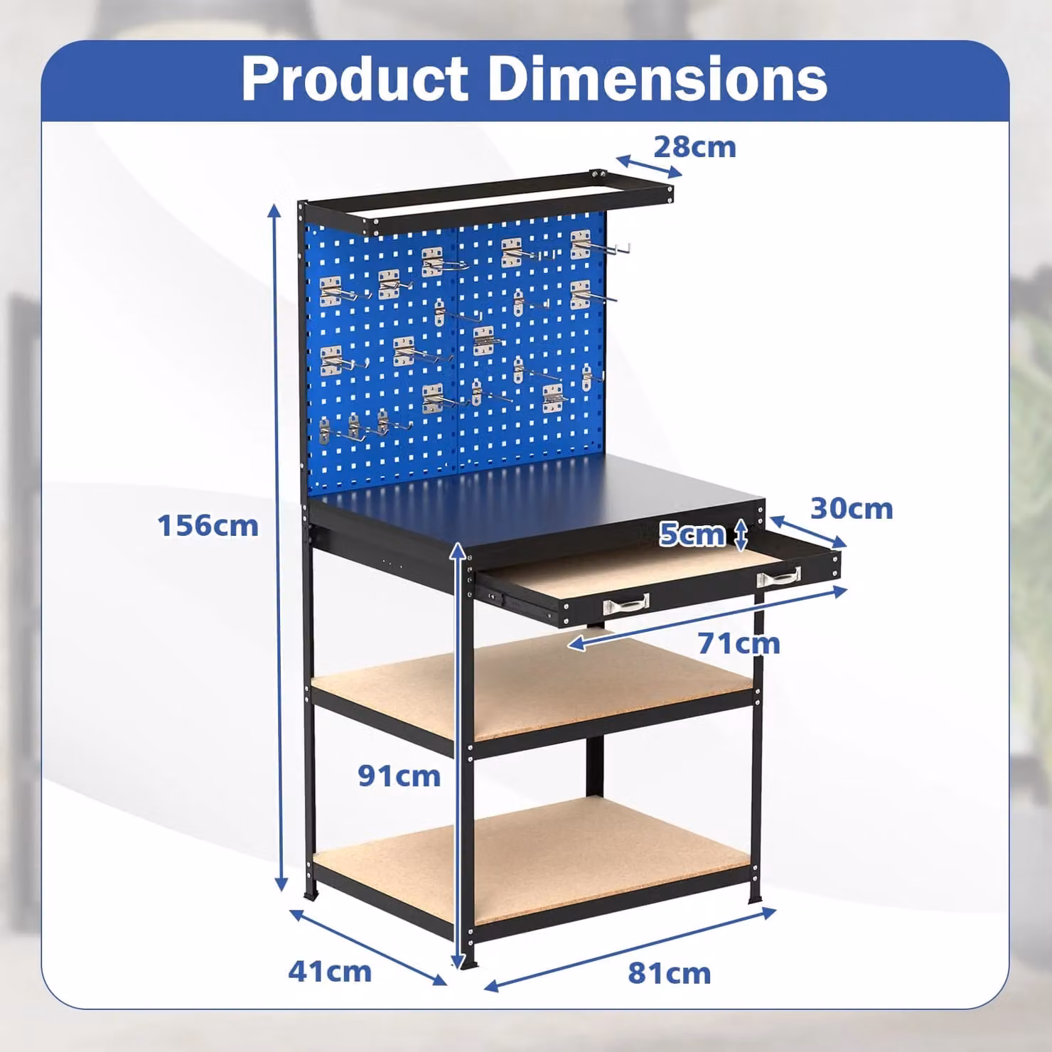 Costway Heavy-Duty Metal Workbench with 2 Pegboards, Blue, W: 81 cm, D: 41 cm, H: 156 cm – 2