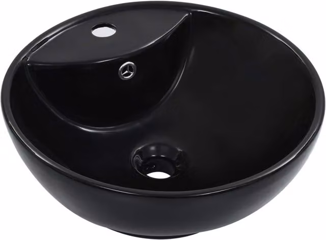 Berkfield Home Round Ceramic Countertop Wash Basin with Overflow, Black, W: 46.5 cm, D: 18 cm