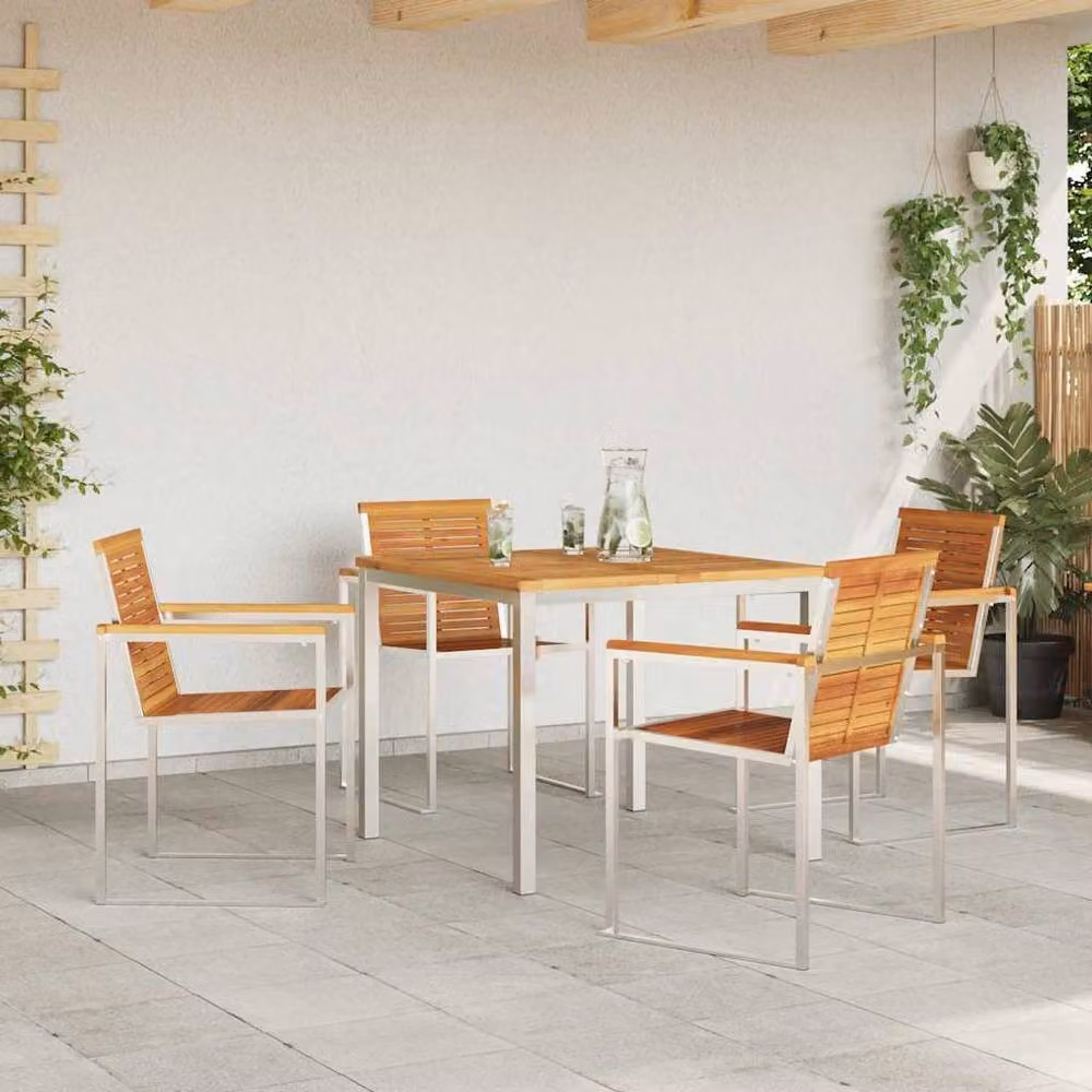 Berkfield Home 5 Piece Square Acacia Wood Garden Dining Set in Brown – 3