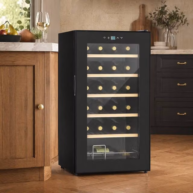 STILVORA Black Freestanding Compressor Wine Cooler Fridge with LED Display and Glass Door, 24 Bottle Capacity, W/D/H: 43 x 65 x 75 cm