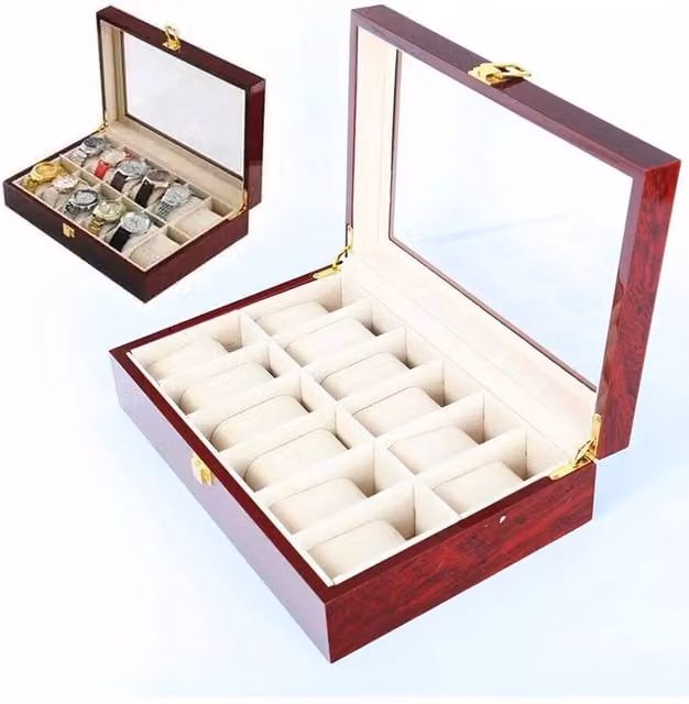 Kelvenix 12-Slot Watch Display and Jewelry Storage Box in Brown and Gold