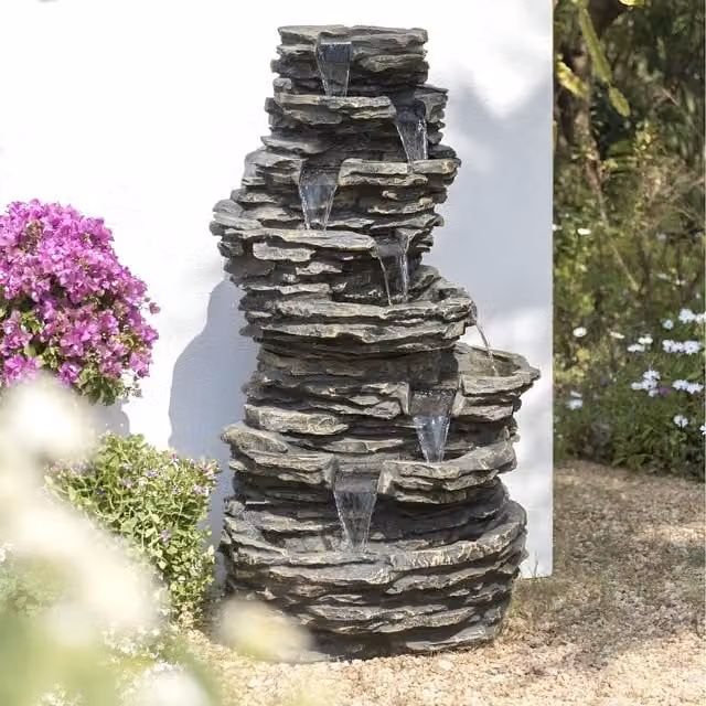 Primrose 8 Tier Rock Pool Cascade Waterfall Water Feature with Halogen Lights in Grey