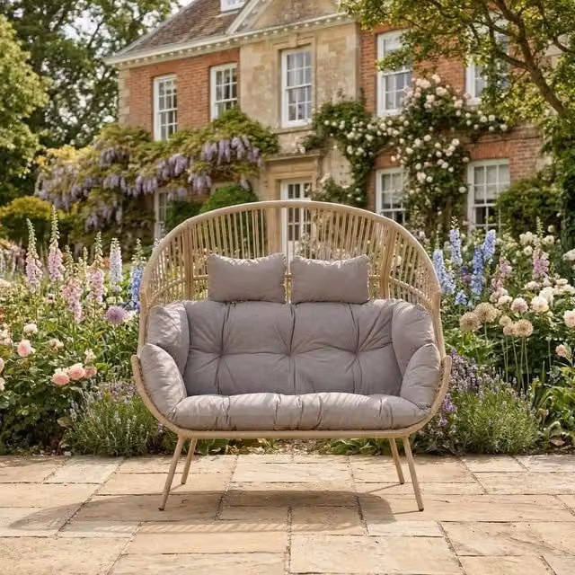 Rosewood & Stone Home Chartwell 2 Seater Standing Egg Chair in Light Brown and Grey Polyrattan with Cushions