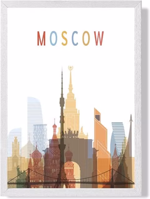 ARTZE Moscow Colourful City Skyline Framed Print in Pale Blue and Multicolour with White Frame