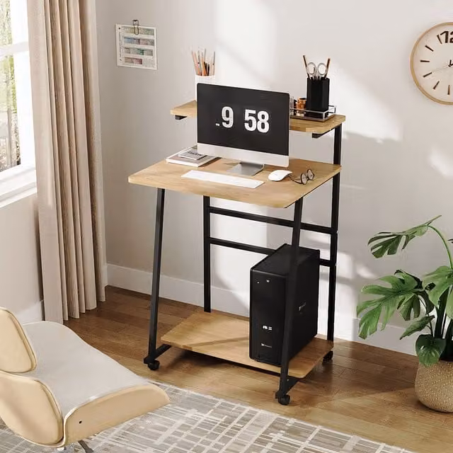 Livingandhome Modern 3-Tier Wood Computer Desk in Brown