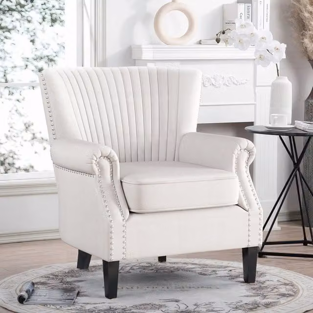 Livingandhome Art Deco Tub Accent Chair with Solid Rubberwood Frame and Armrests in Beige